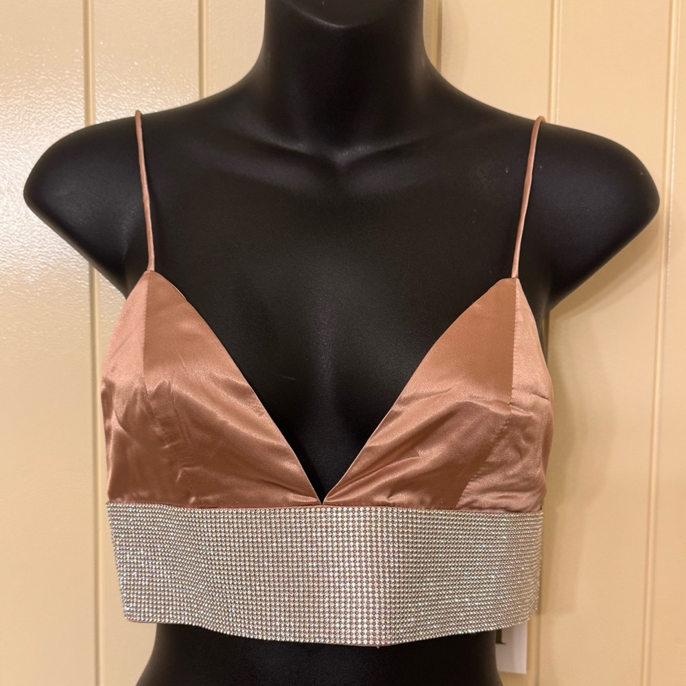 NWT Meshki Satin Crop Top with Rhinestone Band - gold rose size SMALL